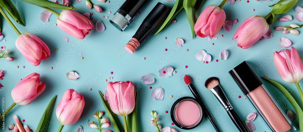 Poster a variety of makeup items and lovely tulip blooms on a blue background with bokeh effect perfect for