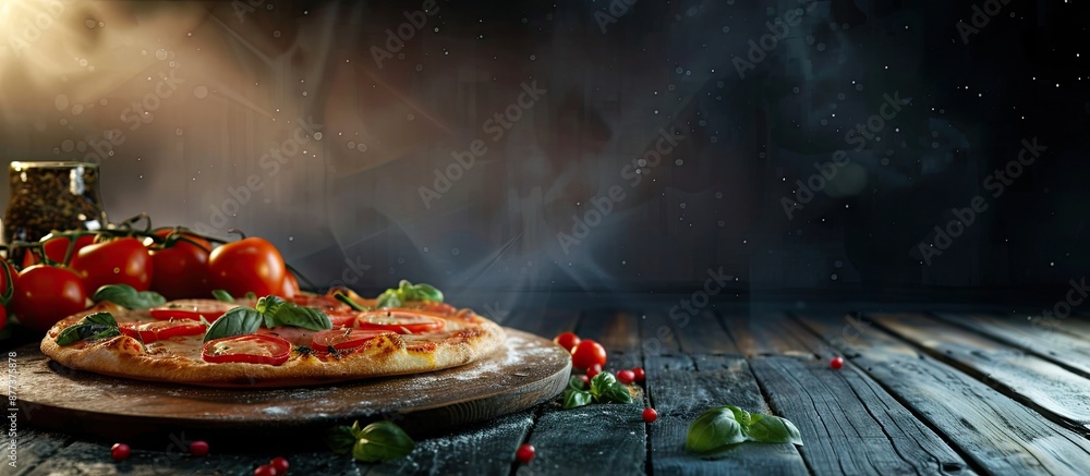 Poster a pizza displayed on a restaurant table with an inviting setting suitable for advertising purposes w