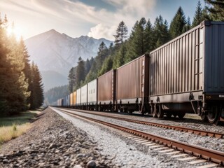 Obraz premium Silhouette of a freight train passing through a rural area, with trees and mountains.