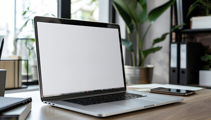 Laptop device mock up template design on office workplace desk, white mockup empty blank computer screen on office work table business web technology at modern workspace, closeup