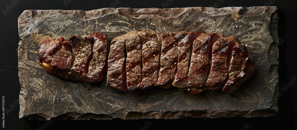 Poster top down view of a grilled ramp cap steak presented on a stone cutting board against a black backgro