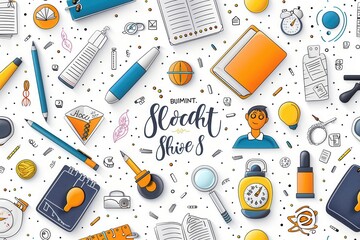 Seamless pattern with school supplies and doodle elements.