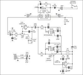 Schematic diagram of electronic device on sheet of paper. Vector drawing electrical circuit with 
operational amplifier, connector,
resistor, capacitor, integrated circuit,
diode, led, other component