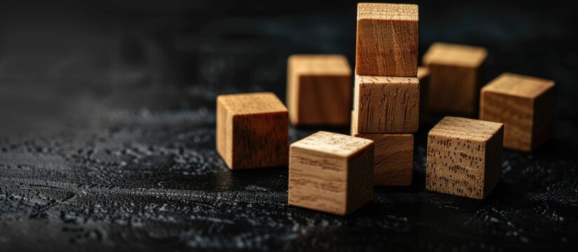 Wooden blocks illustrating a code of ethics on a striking black table with a dark background emphasizing the business ethics theme featuring copy space image