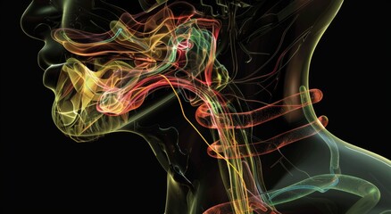 Colorful 3D illustration of the human larynx and vocal cords