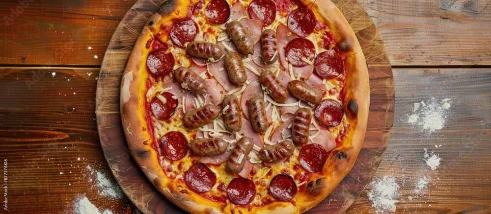 Aufkleber top view of a pizza featuring sausages on a food background with tomato sauce cheese and meat leavin