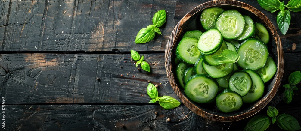 Wall mural Wooden background showcases bowl with fresh cucumbers and canning ingredients with copy space image