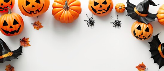 Halloween decorations set against a white backdrop with empty space for text or graphics known as a copy space image