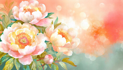Beautiful pink peony bouquet art background. Blooming pastel peony or roses border flowers card design. Wedding backdrop, Valentine's Day concept