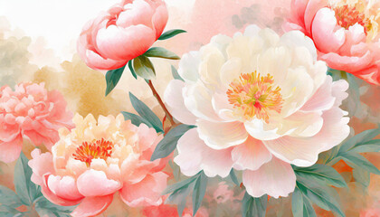 Beautiful pink peony bouquet art background. Blooming pastel peony or roses border flowers card design. Wedding backdrop, Valentine's Day concept