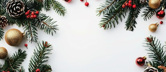 A festive Christmas themed image featuring decorations fir tree branches against a white backdrop conveying a cheerful Merry Christmas vibe with room for adding text. Copy space image