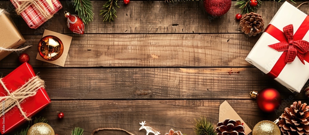 Aufkleber elaborate christmas themed border featuring a craft present ornaments and an empty card set against 