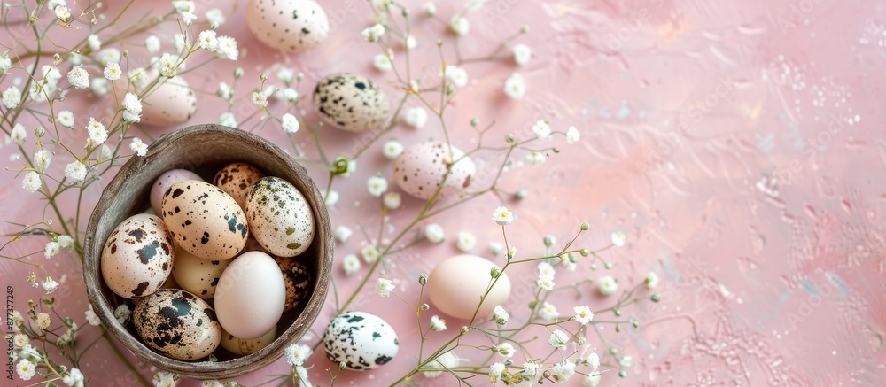 Aufkleber easter card with various natural colored eggs quail eggs in a container and gypsophila flowers on a 
