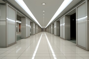 Sleek, contemporary office corridor illuminated by bright led lights, showcasing a clean and professional look