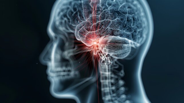 A 3D illustration of the human brain with a highlighted area, depicting a medical condition or anatomical feature.