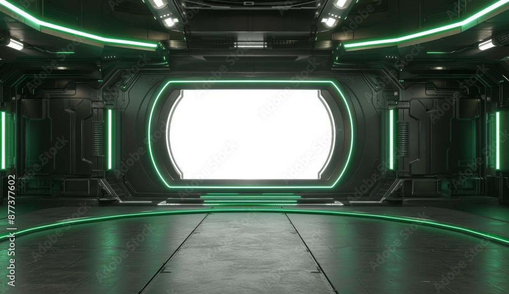 Poster an interior scene of a futuristic and sci-fi stage with neon lights and a blank screen background. i