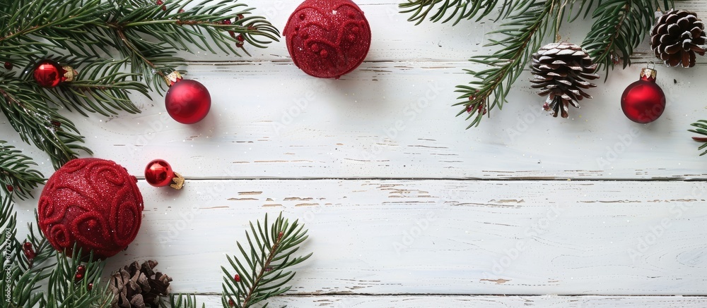 Poster christmas ornaments in red felt with pine branches on a white wooden table background creating a fes
