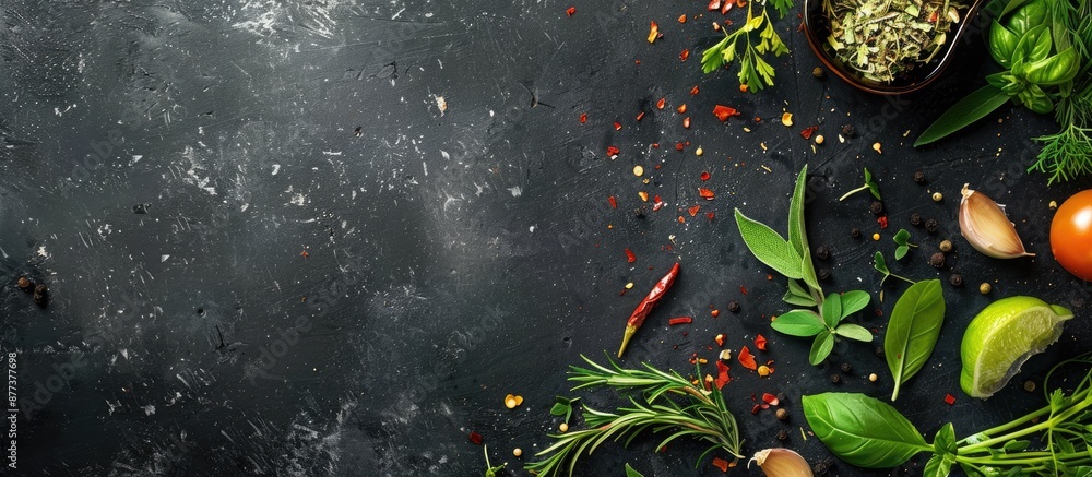 Poster top view black stone background featuring herbs and condiments with copy space image