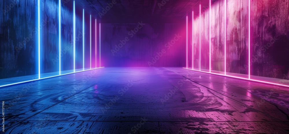 Poster a futuristic sci-fi abstract with blue and purple neon lights on black background with reflective co