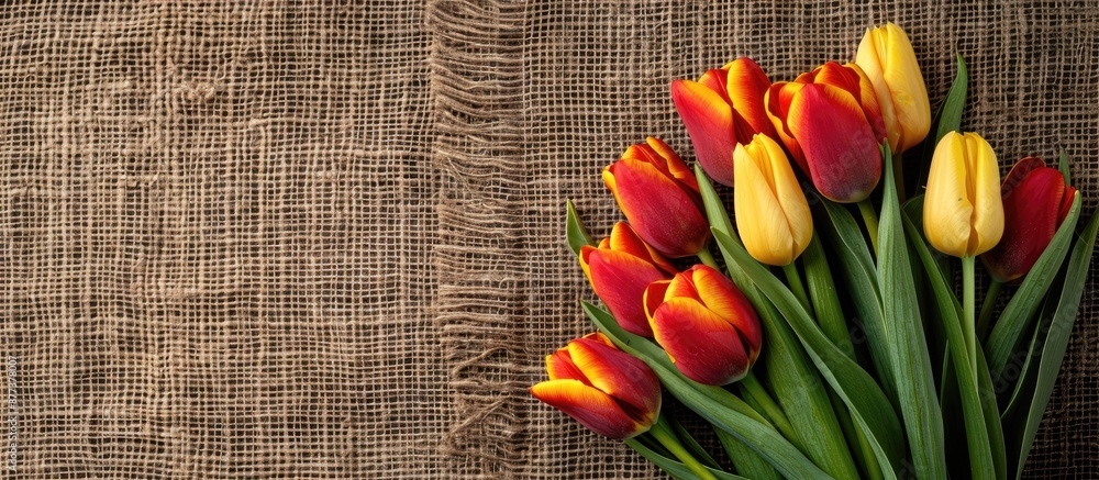 Poster bouquet of red and yellow tulips displayed on rustic sackcloth ideal as a gift for women s day or mo