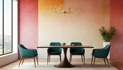 dining room with modern minimalist table where hedo wall texture, background for text