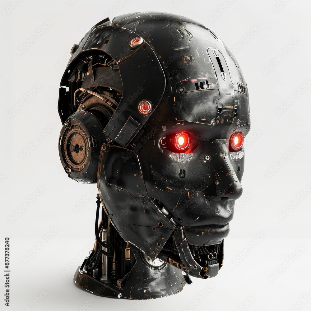 Poster an image of a cyborg head with red glowing eyes. a science fiction helmet in a shiny dark metal. a r