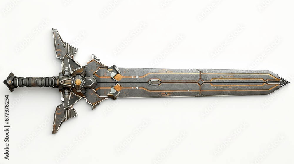 Poster this is a science fiction lance with a shield. it has scratched metal in white and gray colors. sci-