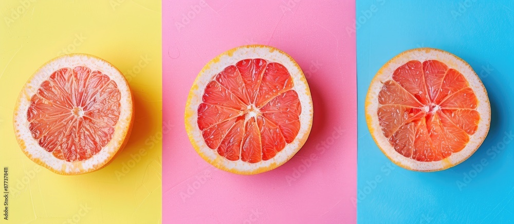 Poster top view of fresh grapefruit slices on a colorful background depicting a creative summer concept wit
