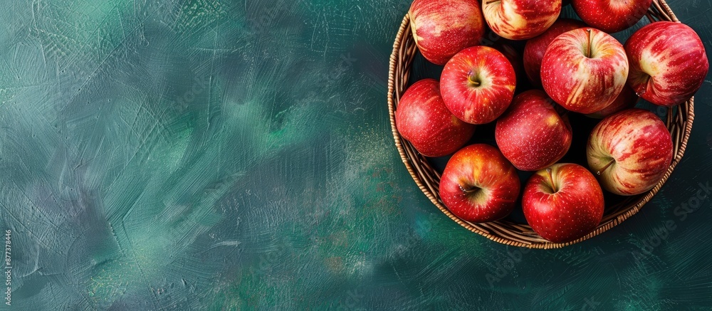 Aufkleber top view of a basket with fresh apples on a green background allowing for copy space image