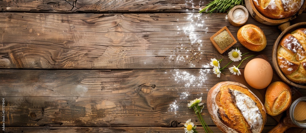 Poster rustic wood background with easter bread and ingredients displayed providing copy space image