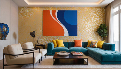 living room interior with sofa, textured wall background with design, clean for text