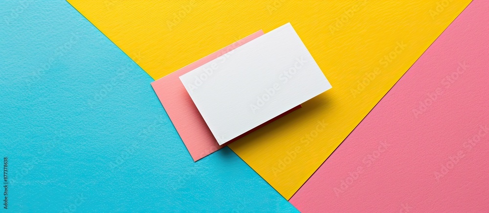 Poster business cards positioned on a colorful background in a flat lay style offering a blank area ideal f