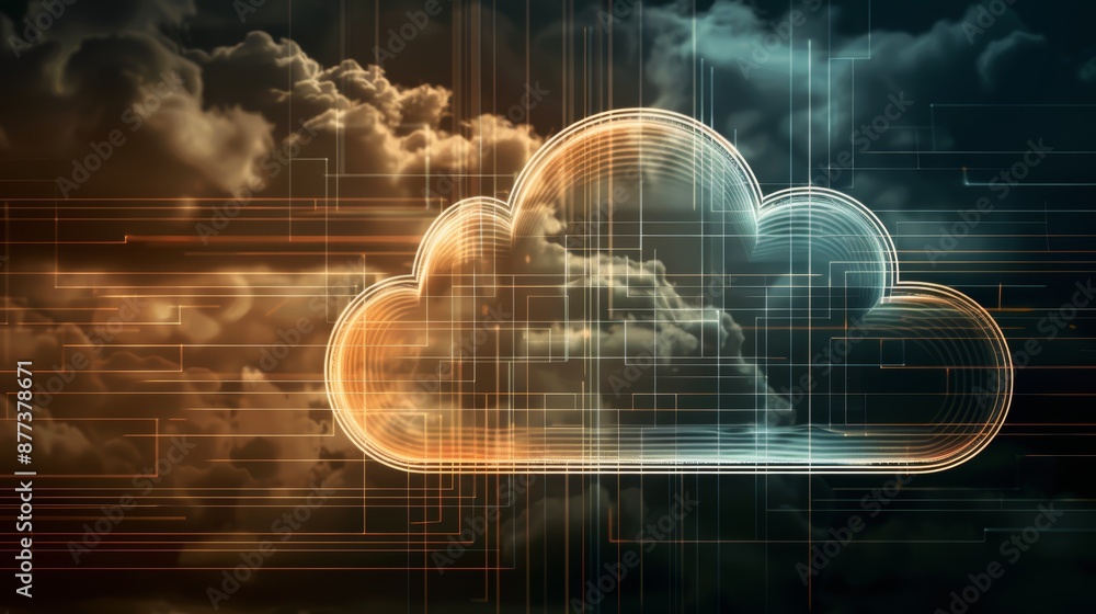 Poster abstract cloud computing concept with a glowing cloud icon against a dark sky background.
