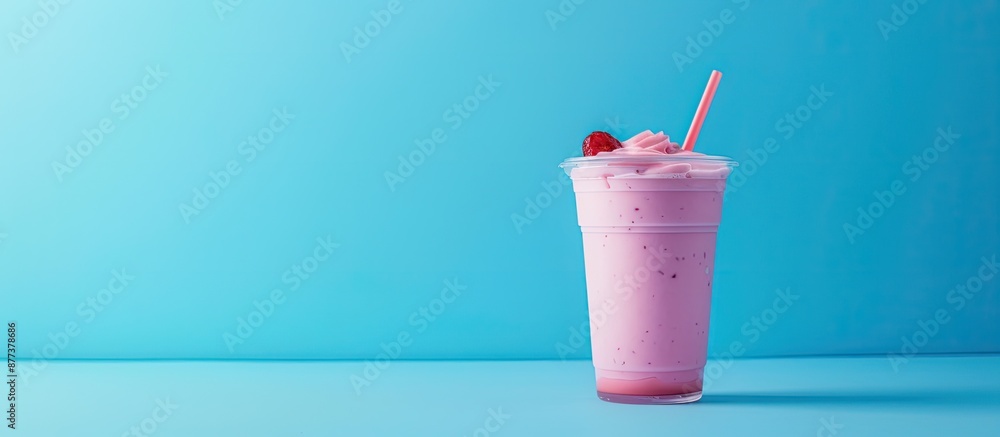 Poster strawberry milk in outer space on a blue pastel background with a note ideal for a copy space image