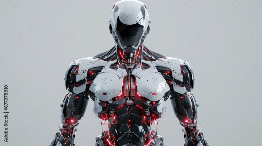 Poster an uncovered portion of the internal body system of a robot man or futuristic cyborg on a gray backg
