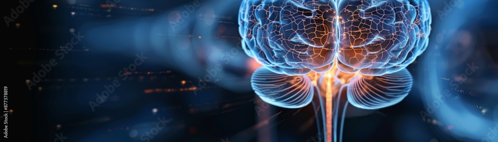 Poster 3d rendering of a human brain with glowing neurons.
