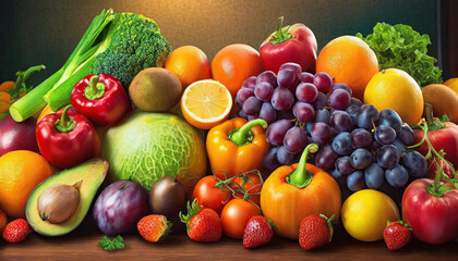 Top view different fresh fruits and vegetables organic on table top, Colorful various fresh vegetables for eating healthy and dieting