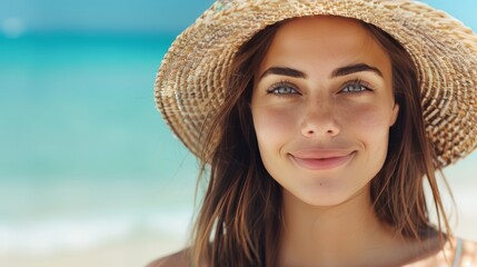 Smiling woman wearing a straw hat on a beach.