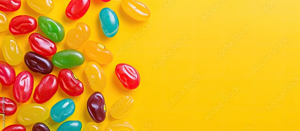 Poster top view of a colorful assortment of sweet jelly beans on a vibrant yellow background with space for