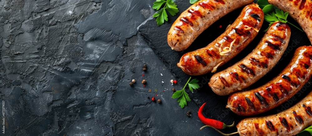 Canvas Prints Stone background featuring grilled Bavarian sausages with room for text in the image. Copy space image. Place for adding text and design