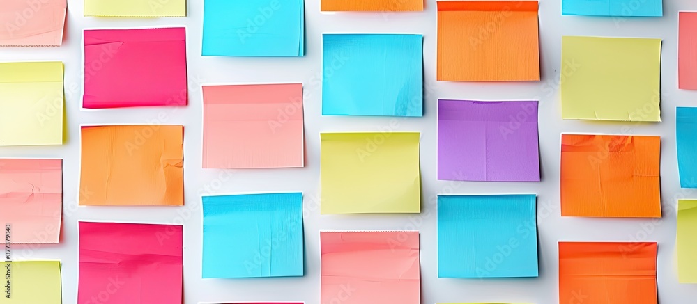 Aufkleber colorful sticky papers arranged in a scheme on a white background with copy space image