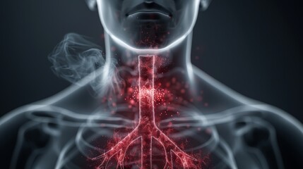 A detailed medical illustration of the human throat, showing the arteries and veins in the neck.
