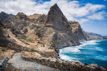 Cobblestone path along the coast on Santo Antao, trekking from village to another,ruins of Aranhas, Cabo verde