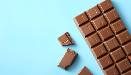 Fototapeta premium Tasty chocolate bar on light blue background, top view. Space for text