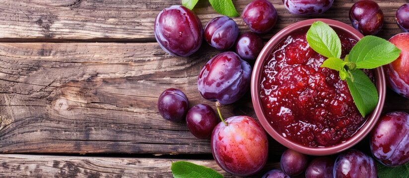 On a wooden table there is a bowl of plum puree next to fresh fruits ideal for promoting your text with a copy space image