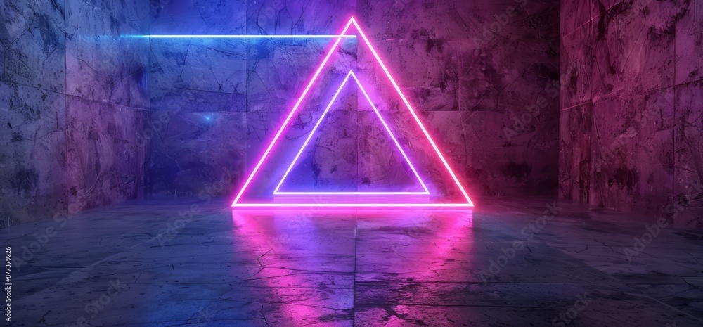 Poster stunning 3d rendering image of a futuristic sci-fi grunge tunnel corridor with neon triangle shapes 