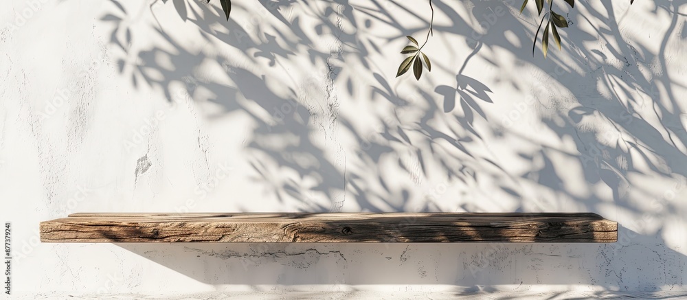 Poster Wooden plank on a white wall with tree shadow in sunlight creating a mockup for product display in a copy space image