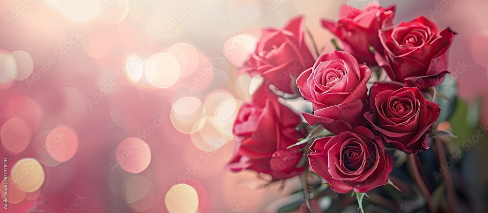 Poster a close up image of a bouquet of red roses set against a blurred background with ample copy space fo