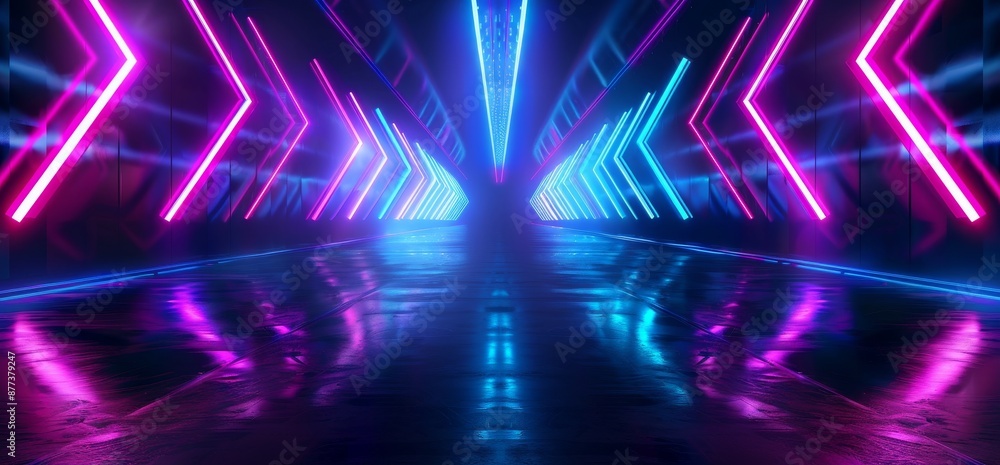 Poster an abstract 3d rendering scene of a futuristic sci-fi alien ship with a reflection in a dark corrido