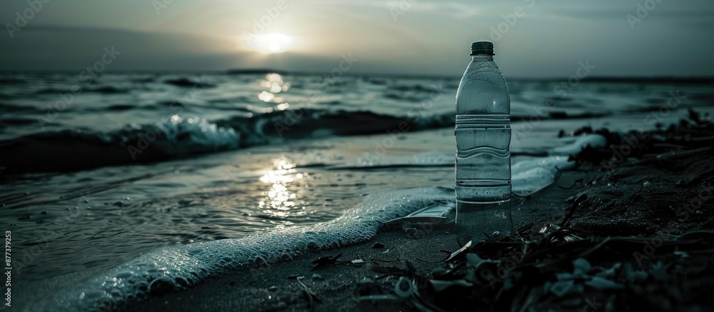 Poster no one on the image with an empty plastic bottle on the shore notes the environmental and social iss